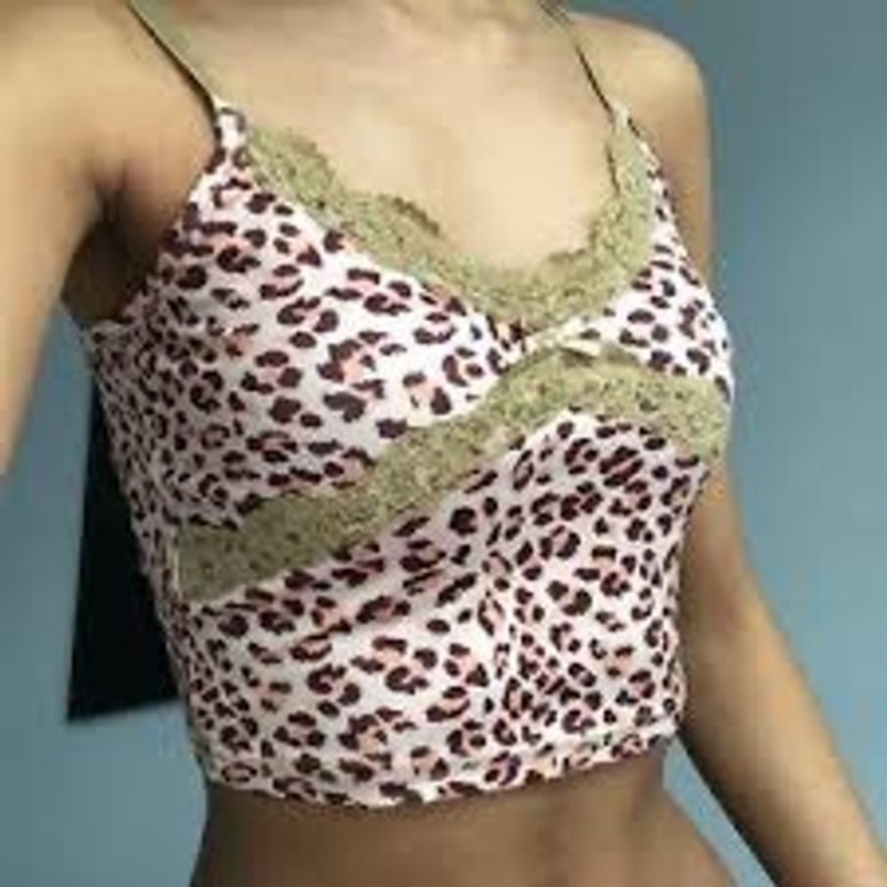 Women's Cami Top S Tan Leopard Print Lace Trim Y2K Cropped Spaghetti Strap